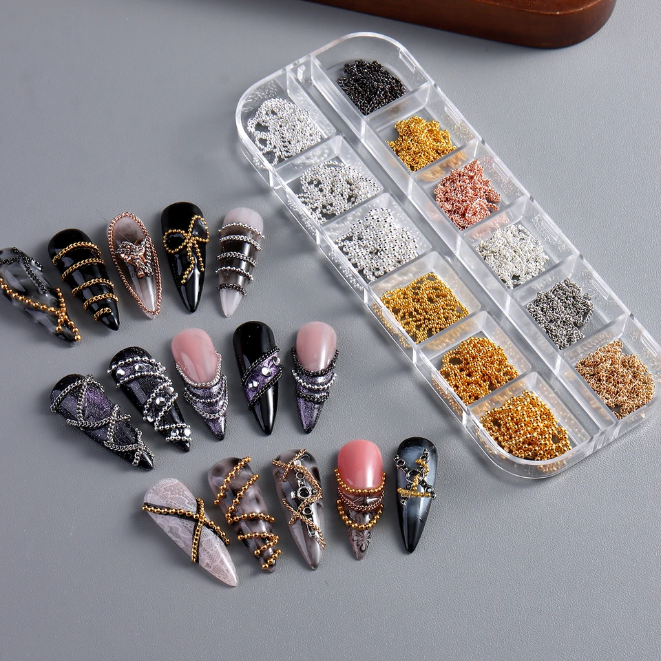 Cadenas metálicas para arte de uñas, doradas y plateadas, decoración 3D, joyería para uñas, adorno de diseño 5