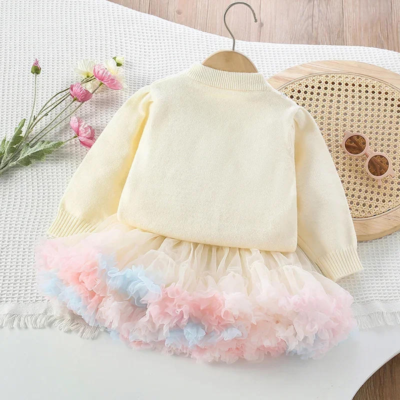 2026 neue Frühjahr 2-6Yrs Kinder Kleidung Set Baby Mädchen Gestrickte Kleidung Anzug Lange Ärmeln Gestrickte Pullover Pullover + Kurzen rock