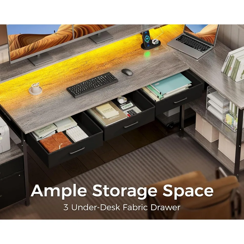 5개의 서류 서랍이 있는 L자형 책상, 75인치 양면 사용 가능한 L자형 컴퓨터 책상 (전원 콘센트 및 LED 스트립 포함), 수납 공간이 있는 사무용 책상