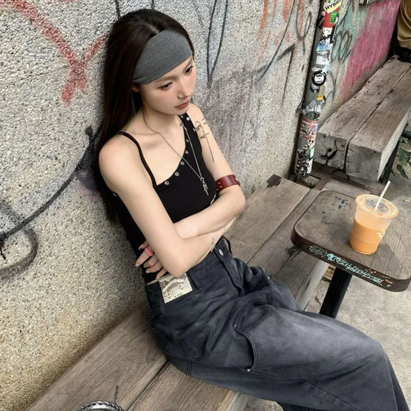 Lucyever Black Sexy One Shoulder Vest Tops Women Streetwear Ribbed Sleeveless Slim Fit Tank Female Y2K Grunge Punk Crop Tops