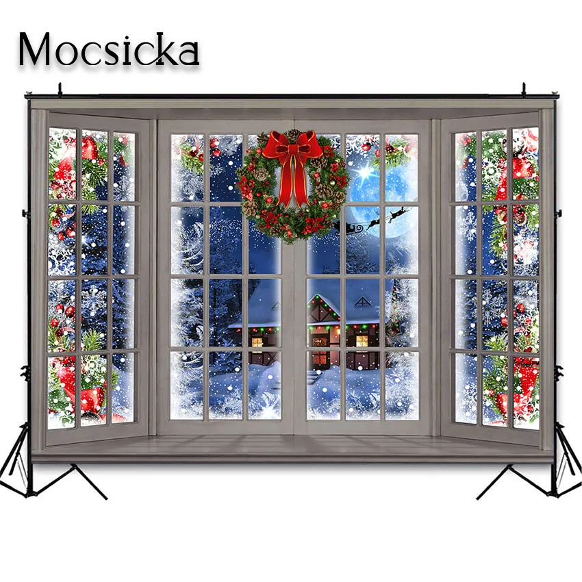 Mocsicka Winter Christmas Photography Backdrop Merry Xmas Window Full Moon Night Background Holiday Portrait Photo Studio Props