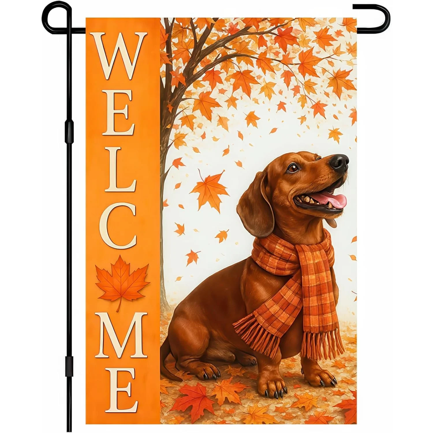 12X18-inch Thanksgiving Fall Garden Flag Featuring A Welcoming Dachshund, Designed for Outdoor Use with Double-sided Images of Dogs and Maple Leaves, Perfect for Your Porch, Lawn, or Patio Seasonal Decor