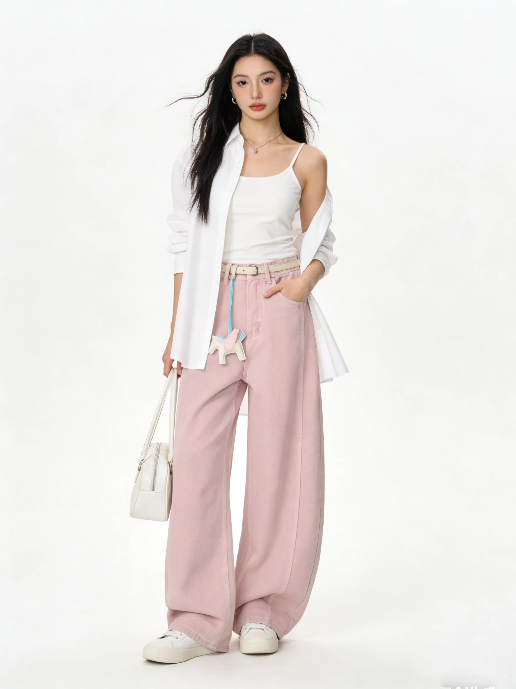 

Женские джинсы с высокой талией, широкими штанинами, мягкие, розовые, повседневные, свободного кроя, в корейском стиле