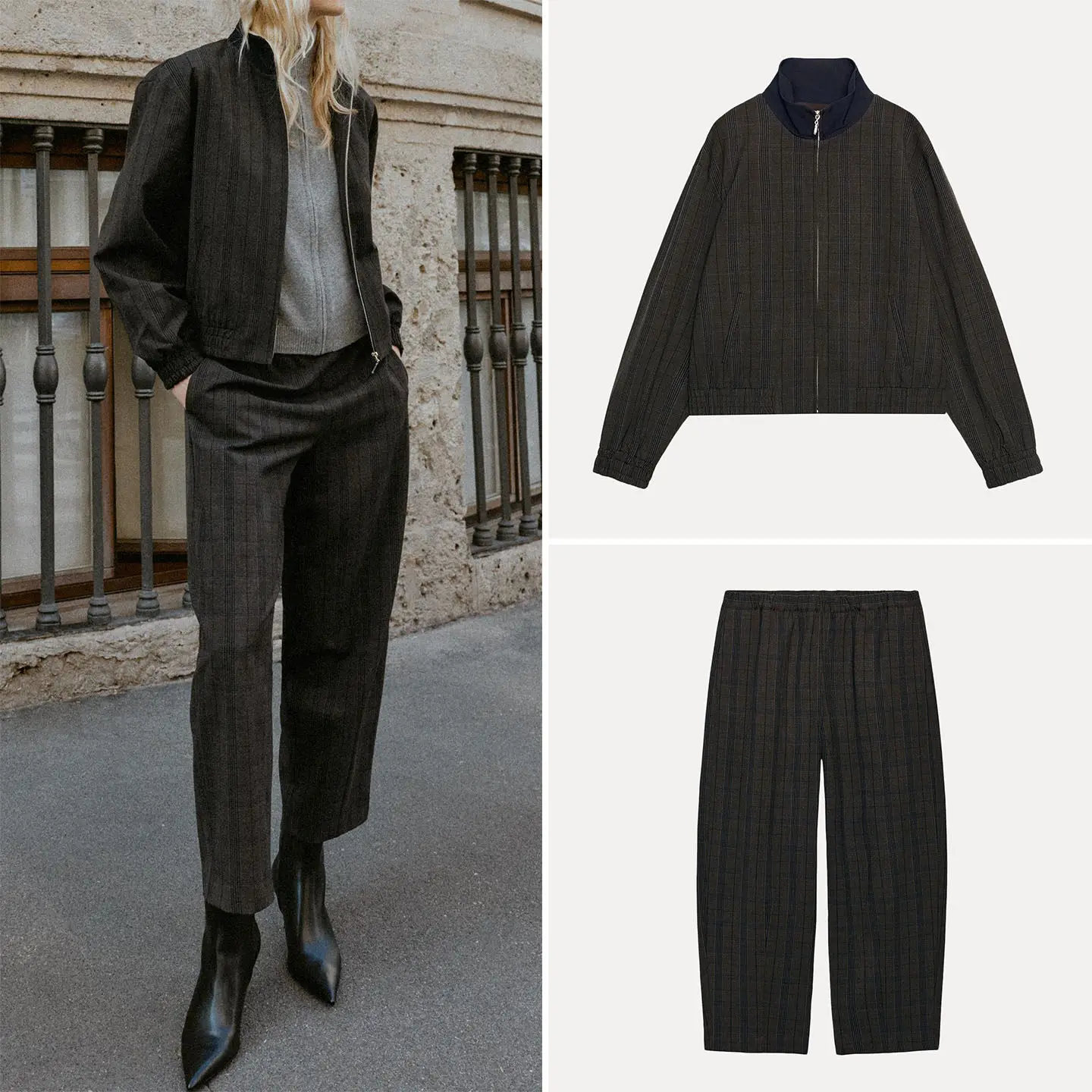Women's Plaid Pilot Jacket Coat Long Sleeve Stand Collar Elastic Waist mid Waist Trousers Two Piece Set Fashion Outfit