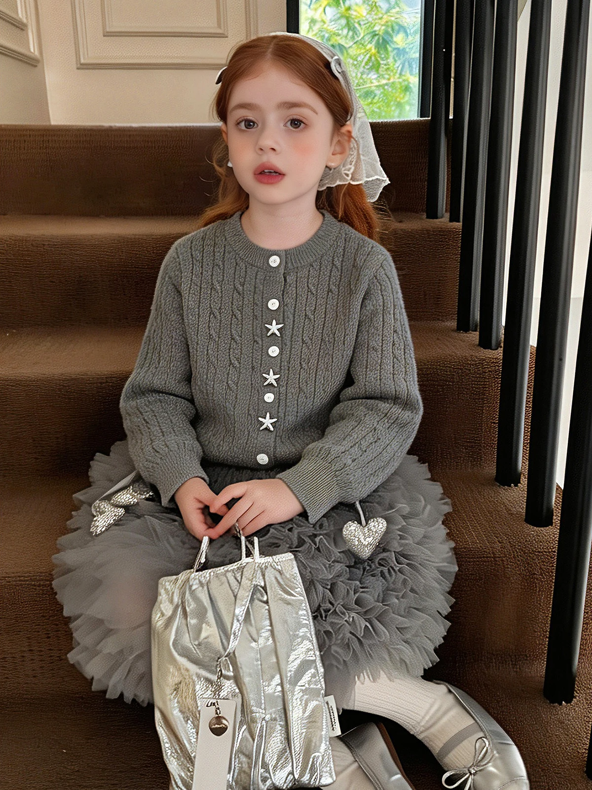 Girls Cable Knit Cardigan – Star Button Korean Style Sweater, Gray Crew Neck Knit Top for Toddler Kids