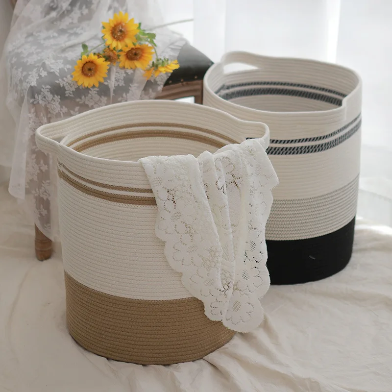 Decorative Woven Laundry Basket with Handles, Cotton Rope Storage Hamper, Living Room Bin, Toys, Pillows, Blankets, Clothes,