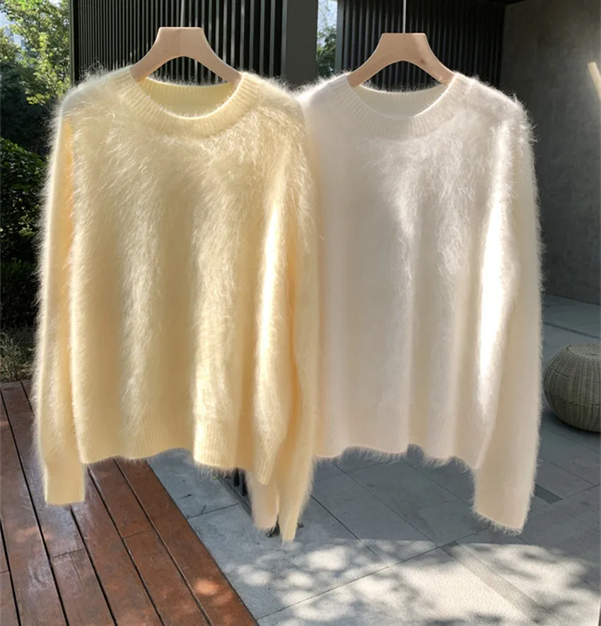 New Autumn Winter Thick Warm Knitted Loose Sweaters Jumper Women Round Collar Yellow Soft Mohair Lazy Style Oversize Pullover