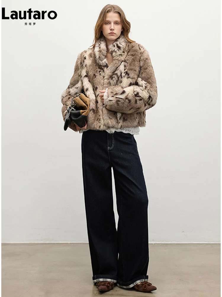 Lautaro Autumn Winter Short Leopard Print Warm Faux Fur Coat Women Stand Collar Luxury Designer Clothes Chic Fluffy Jacket 2026