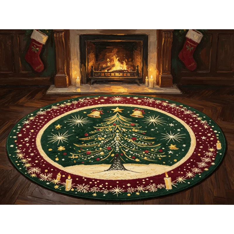 Vintage Christmas Holiday Round Rug Festive Xmas Tree Star Bell Snowflake Motif Decorative Floor Mat for Indoor Home Ornament