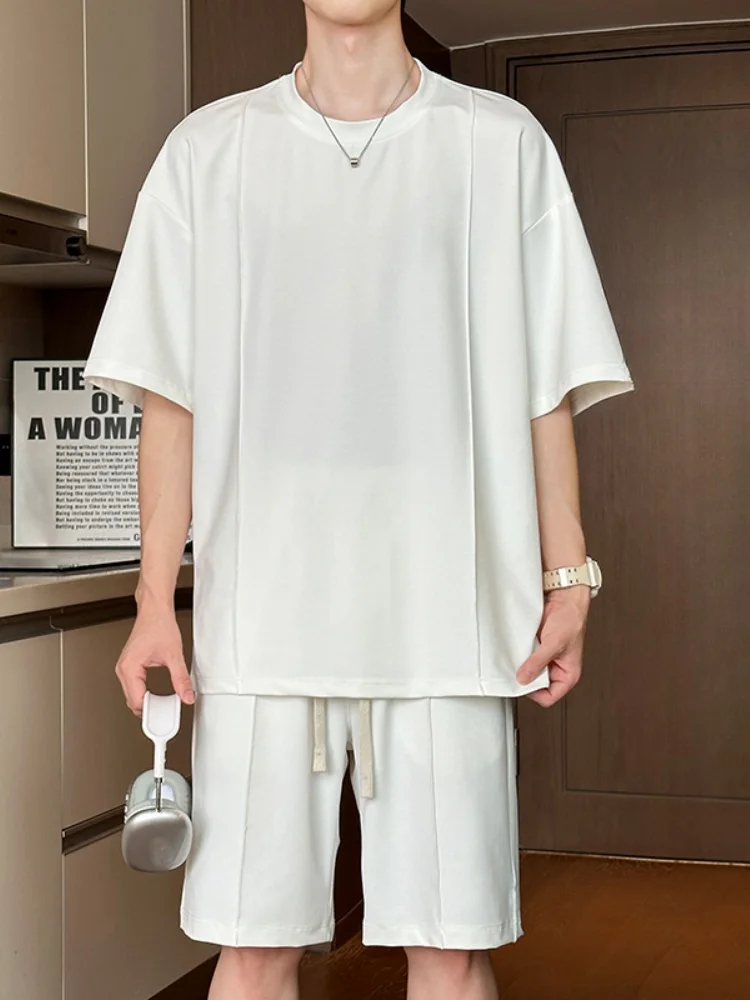 

Ice Silk Loose Fit ort Sve T-irt Set for Men Summer Thin Casual Sports Baskeall orm Pure Color round Ne Top