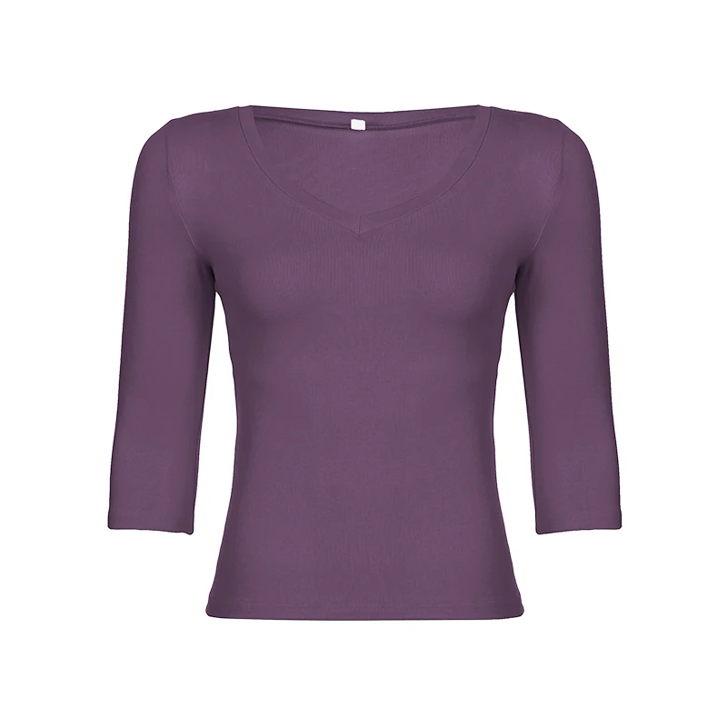 SUCHCUTE Y2K All-Match Basic Damen-Top, sexy, tiefer V-Ausschnitt, 3/4-Ärmel, einfarbig, schmal geschnitten, kurz geschnittenes Casual-Outfit-T-Shirt im Grunge-Stil. – Detail 5