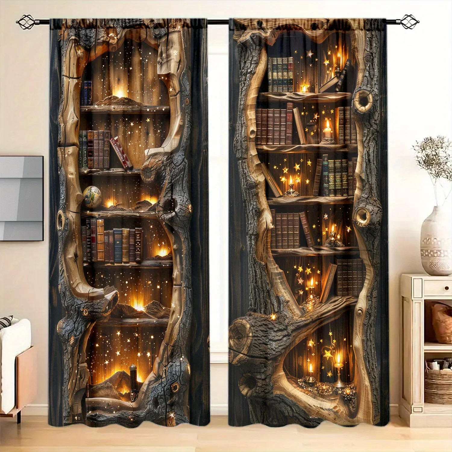 2pcs Tree Hole Bookshelf Printed Curtain - Artistic Home Decoration Curtains, All Season Decorative Curtains