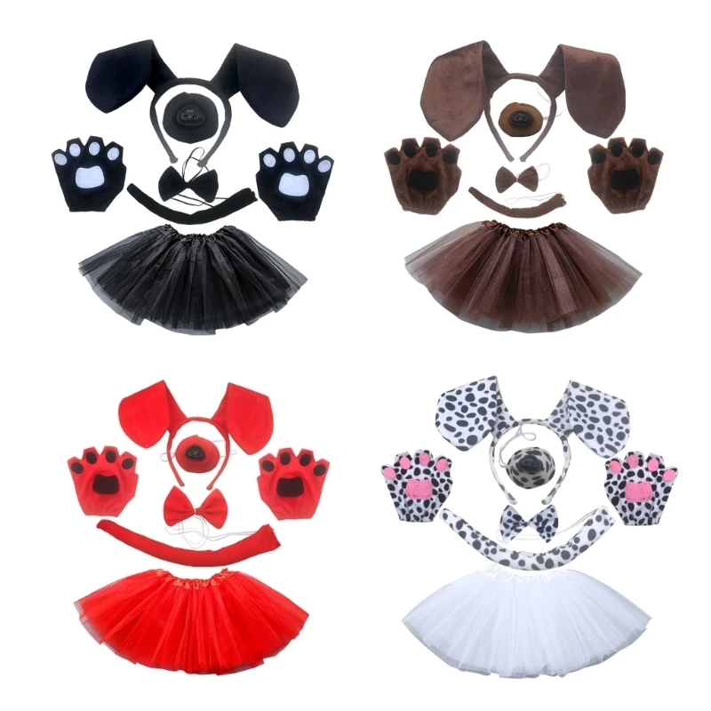 6 Pcs Dog Costume for Girls Boy Dachshund Ears Headband Tails Bow Tail Nose Gloves Skirt Animal Cosplay Accessories