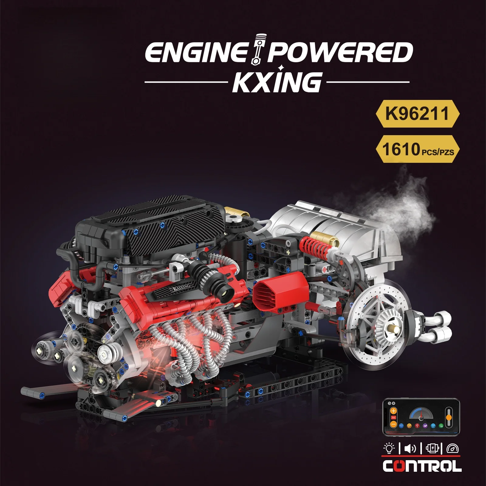 1610 peças conjunto de modelo de montagem de blocos de construção de motor v12-kit moc programável de controle remoto por aplicativo com luzes e spray