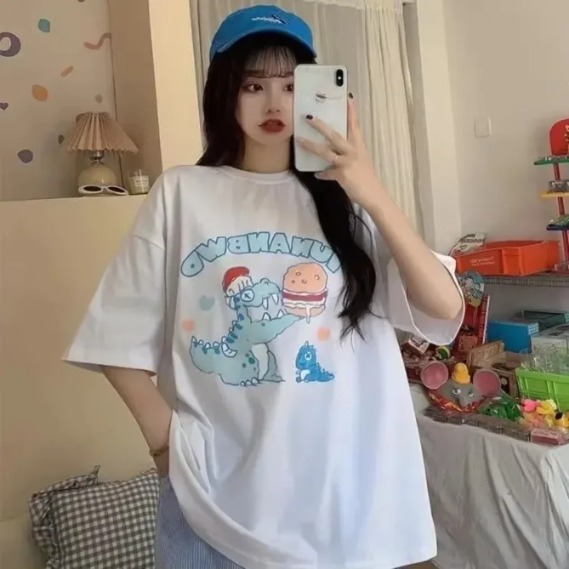 Women T Shirt Oversized Retro Trend Round Neck T-shirt Dinosaur Pure Loose Wild Short-sleeved Men Tops Harajuku