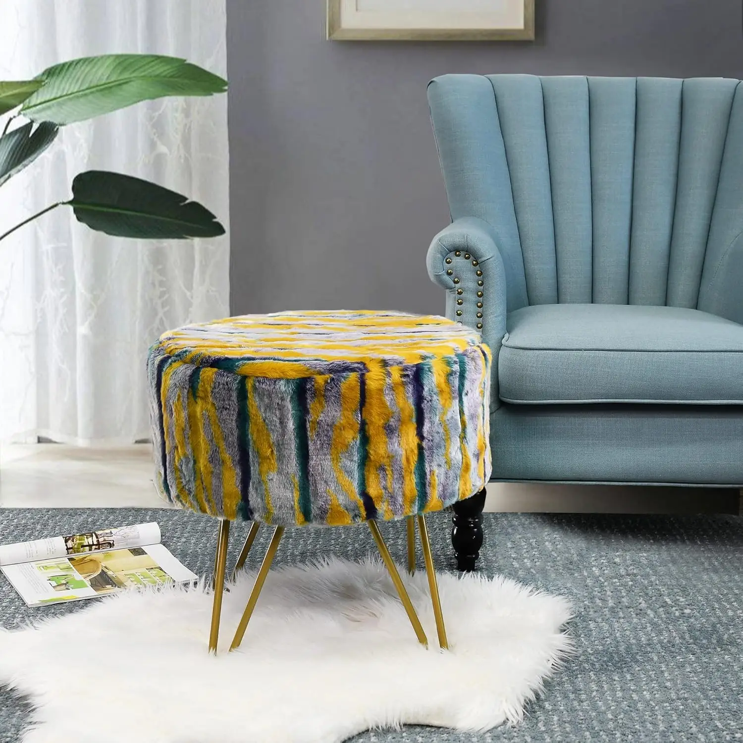 

Multi Jacquard Round Ottoman 18'' X 18'' H, Teal, Soft Fuzzy Comfy Foot Rest Bench Seat Makeup Vanity Stool Chair For Living