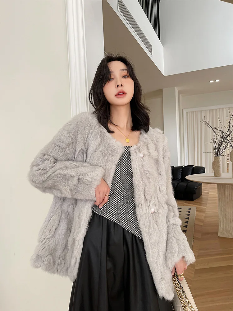 Winter Fashion and Warm Fur Integrated Rabbit Hair Mid length Coat for Women