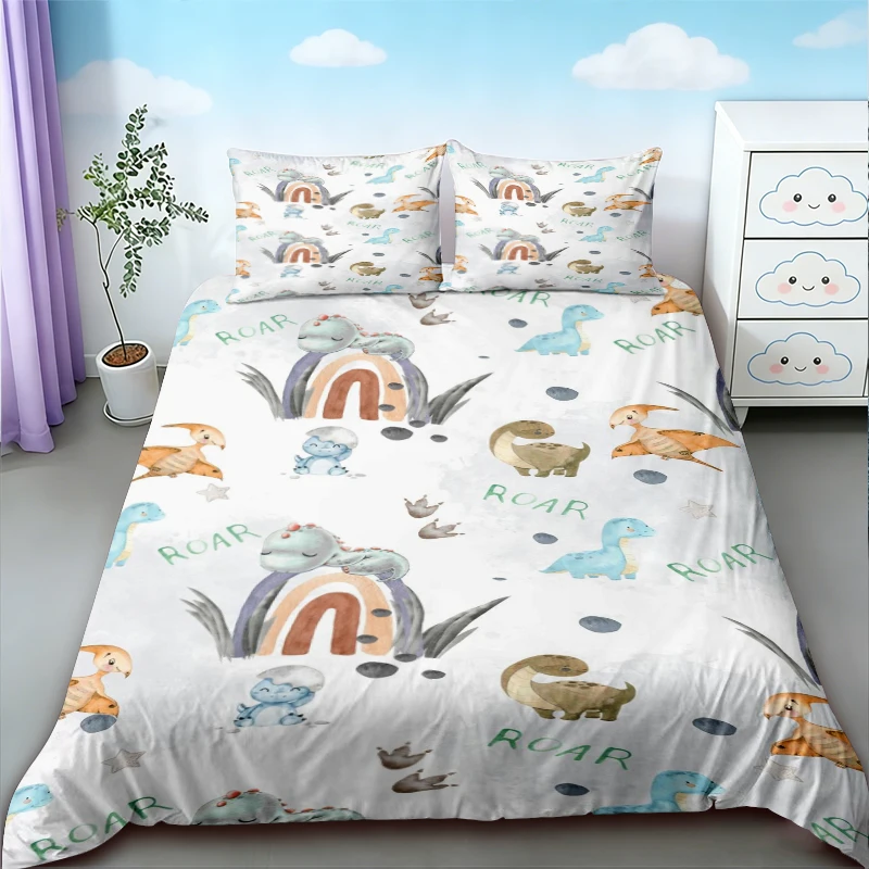 Duvet Cover Cute Dinosaur King Queen Kawaii Cartoon Wild Dino Bedding Set for Kids Boys Girls Jungle Animals Comforter Cover view 2