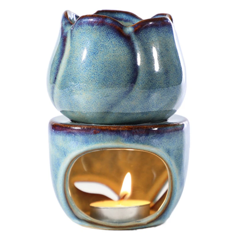 A21Q -Aromatherapy Furnace Candle Lamp Decoration Bedroom Essential Oil Incense Burner Tulip Candle
