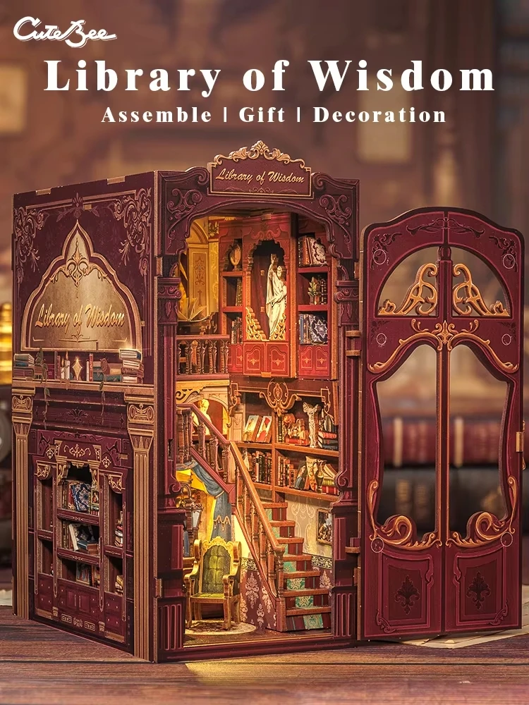 CUTEBEE DIY Book Nook Kit Miniature Dollhouse with Light Dust Cover Bookshelf Insert for Library of Wisdom