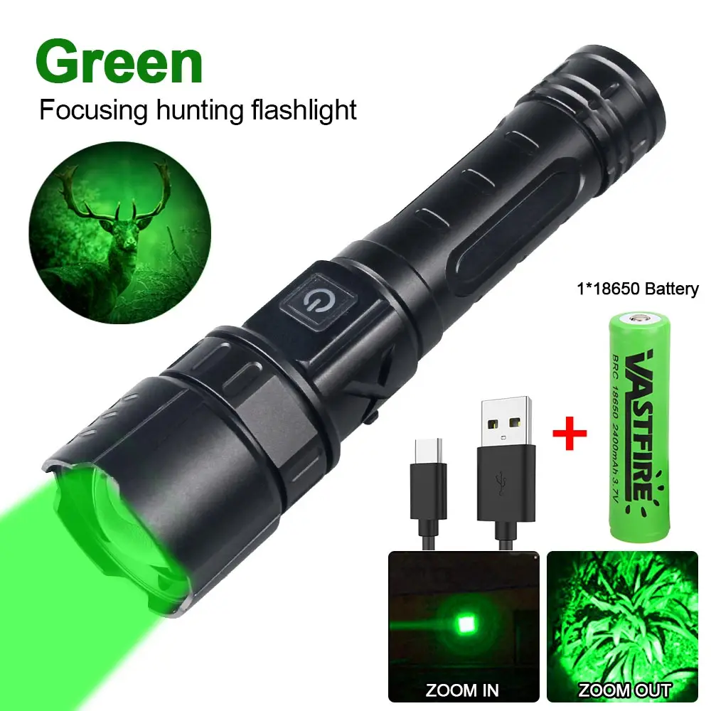 

Green Flashlight Professional LED Zoomable Torch for Hunting USB Rechargeable Night Scout Light+Press Switch+Gun Clip