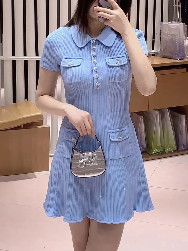 Diamond Button Lapel Short Sleeve Womens dresses Haze Blue Chic Temperament Threaded Knit Stretch Slim Dress 2024 Spring New