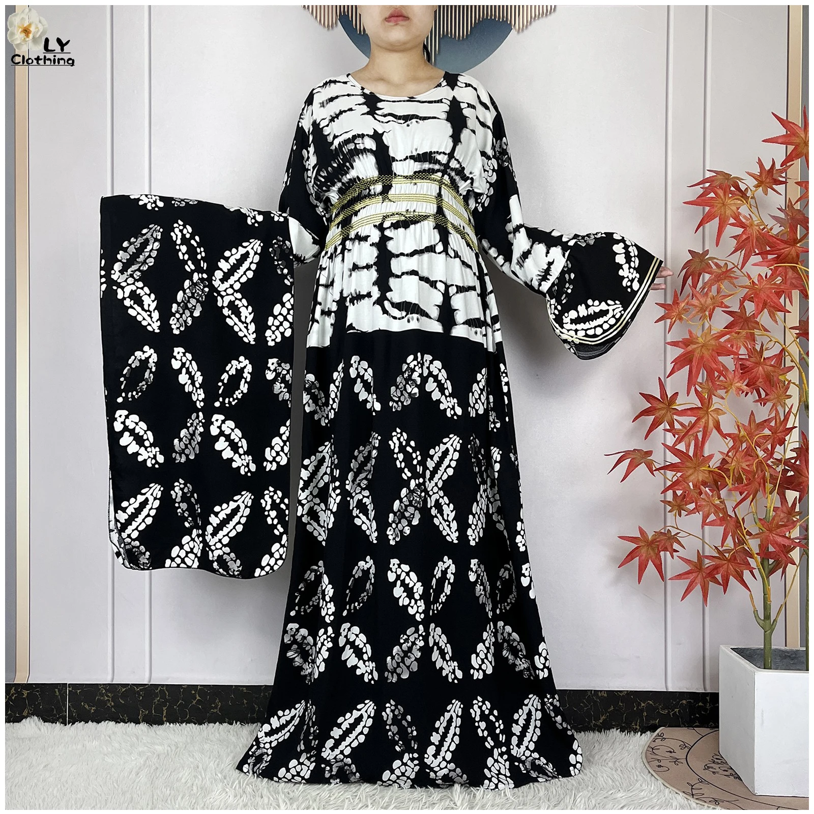 

New Women Party Dress Dubai Muslim Summer Cotton Long Sleeve Collect Waist Boubou Maxi Islam Women Elegant Dress African Abaya