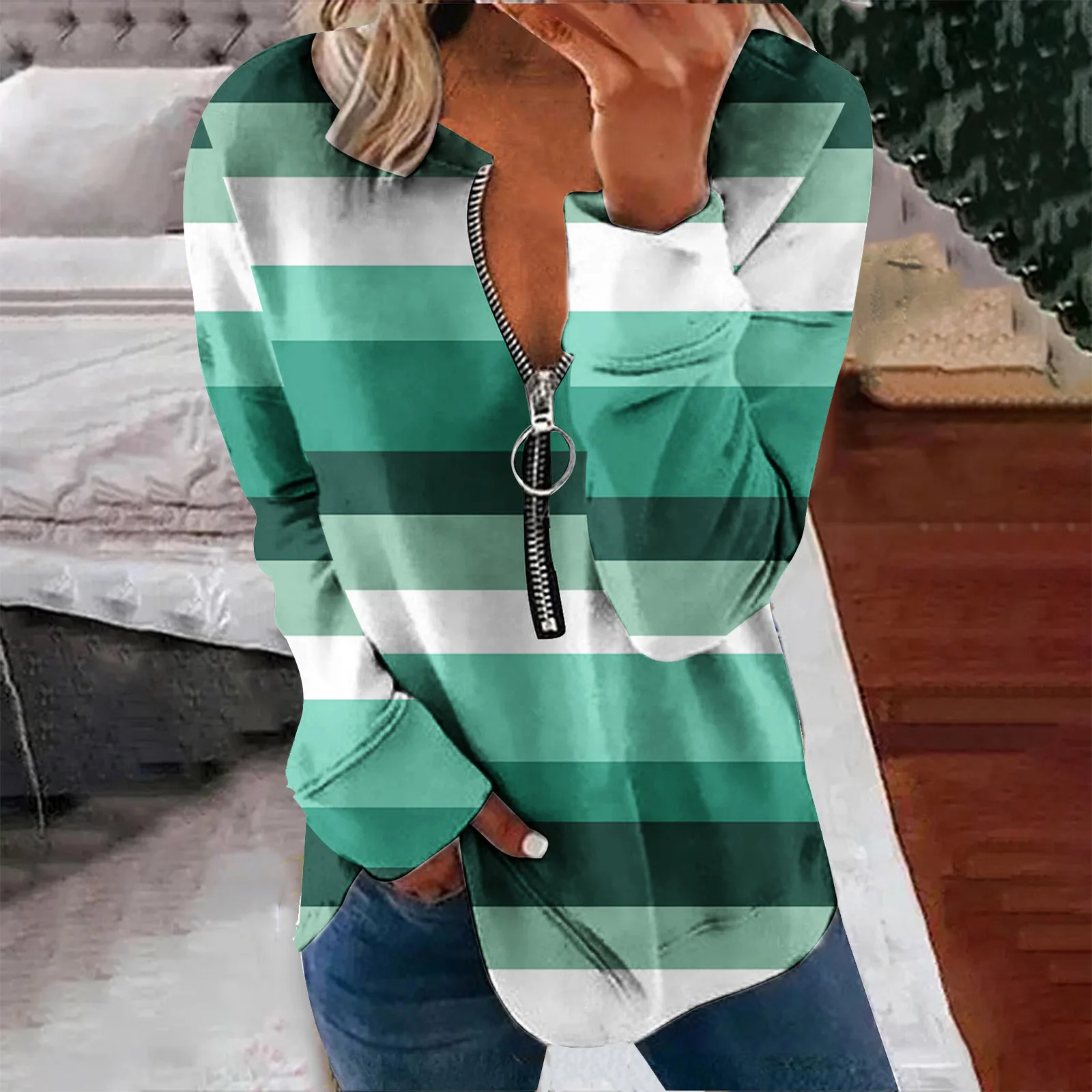 Women's Pullover Sweatshirt Ribbed Zipper Multicolor Printed Half Open Collar Fashion Casual Sweater Outdoor Daily Autumn Tops