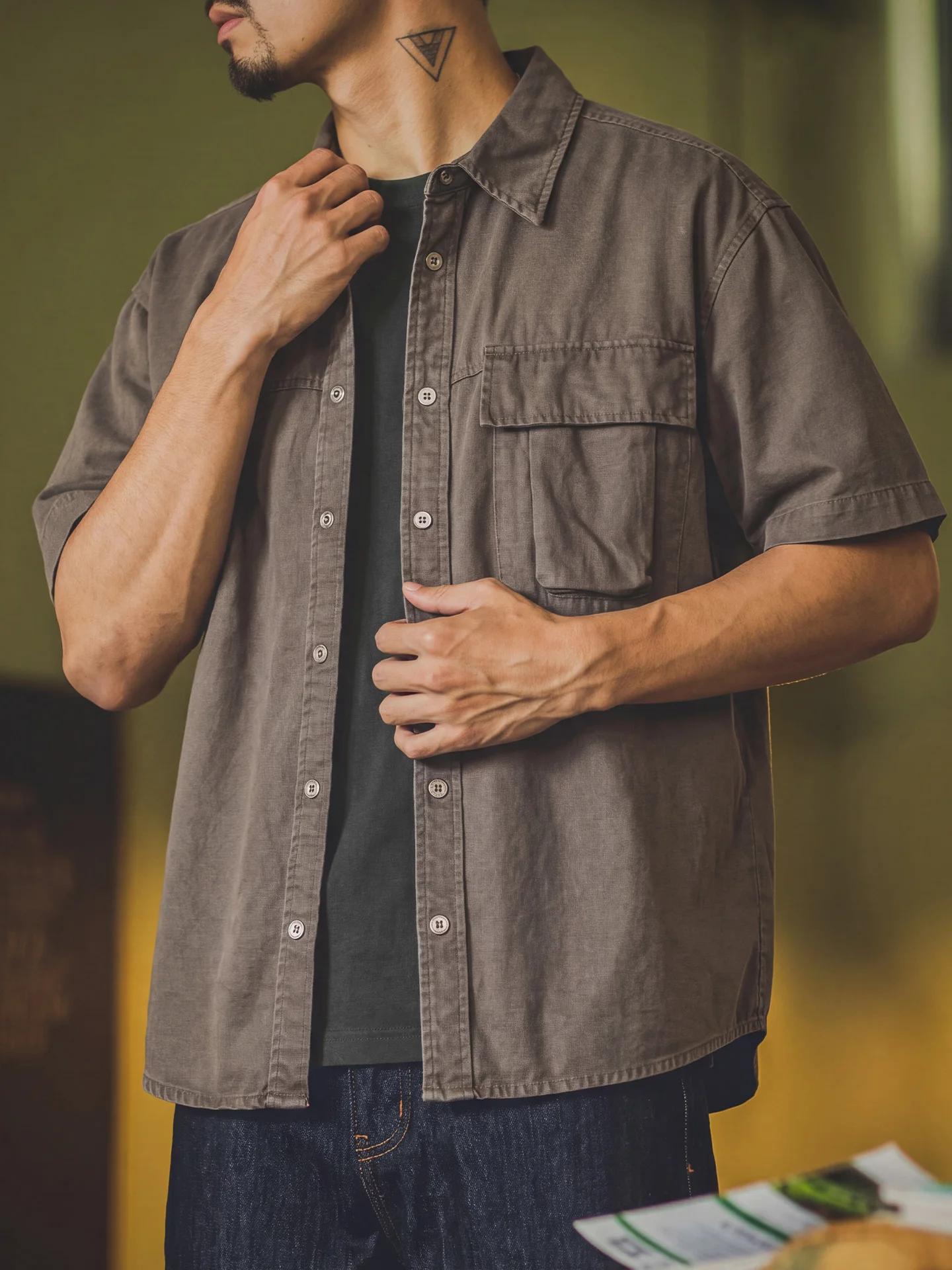 American Retro Washed Workwear Short Sleeve Shirt Men Summer Lyocell Breathable Loose Ameika Casual Shirt Youth Popular