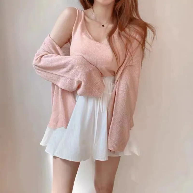 

Ele Knitted Vest Air Conditioner Cover up Top Thin Summer New Sle Women's Faion Outerwear Two Piece Set Sweet Sle V...