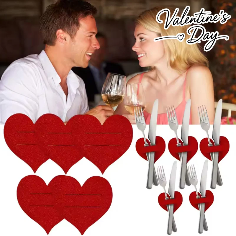 Wedding Season Utensil Organizer Red Heart Felt Cutlery Holder Set with Decorative Placemats for Valentine's Dining