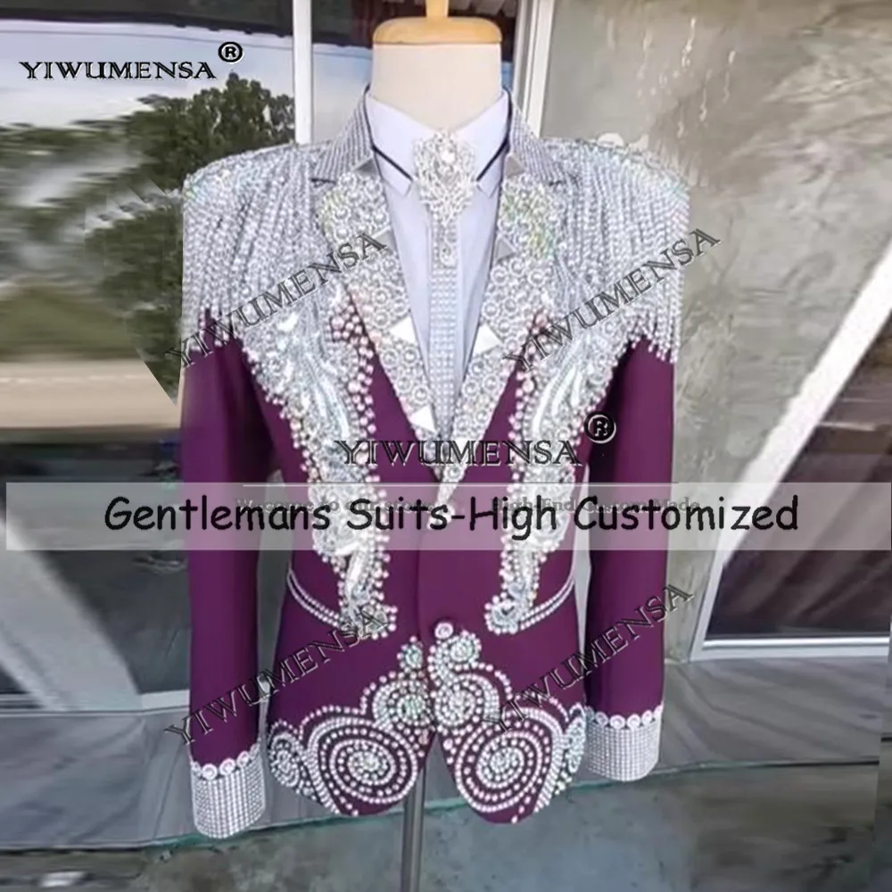 Exclusive Beaded Diamonds Suits Men For Wedding Single Breasted Jacket Pants 2 Pieces Groom Tuxedos Customized 2 Pieces Dresses