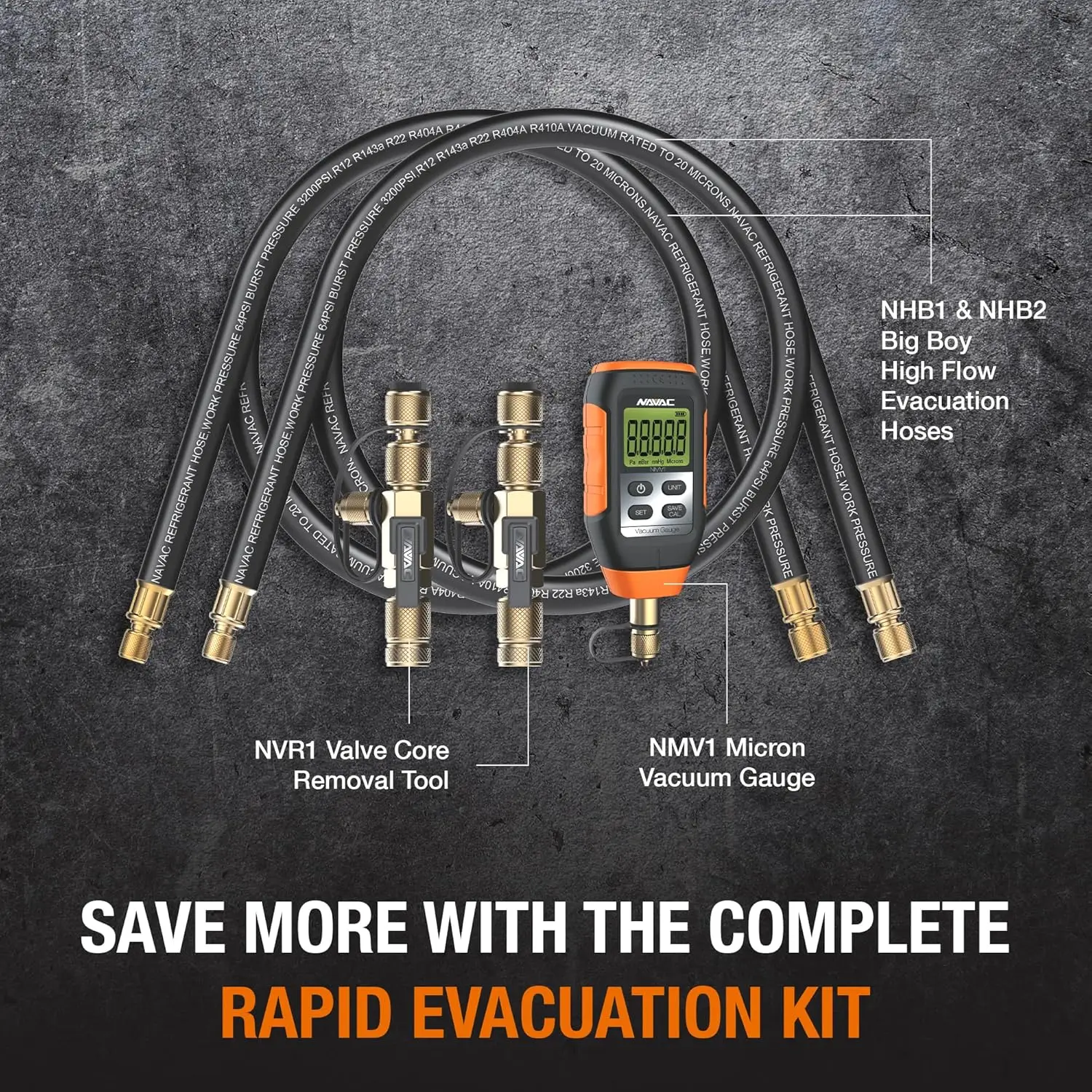 Rapid Evacuation Kit - Valve Core Removal Tool Set with 1/4″ & 5/16″ VCRT, 3/8″ to 1/4″ & 1/2″ to 1/4″ Fittings, Mic