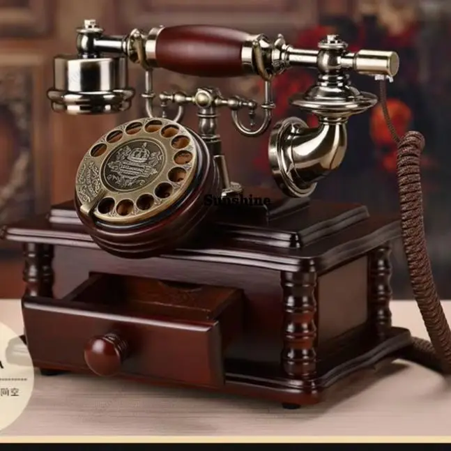 Solid Wood vintage telephone household Antique fashioned Redial function Rotary dial telephone