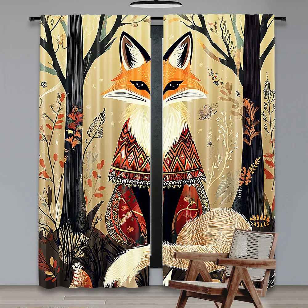 2Pcs Fox Curtain Animal Theme A Fluffy Wild Fox In The Forest And Tree Trunks For Bedroom Living Room And Dining Room