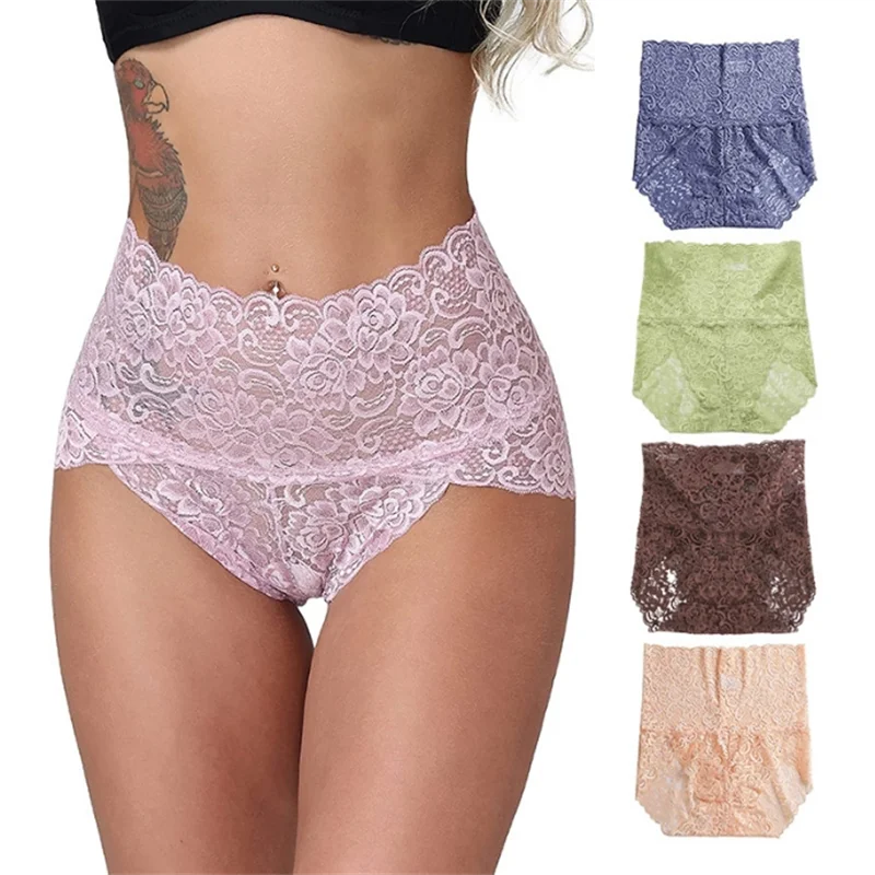 1Pc Fashion Women High Waist Plus Size Panties Lace Mesh Floral Transparent Briefs Underwear Solid Seamless Underpants Lingerie