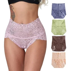 1Pc Fashion Women High Waist Plus Size Panties Lace Mesh Floral Transparent Briefs Underwear Solid Seamless Underpants Lingerie