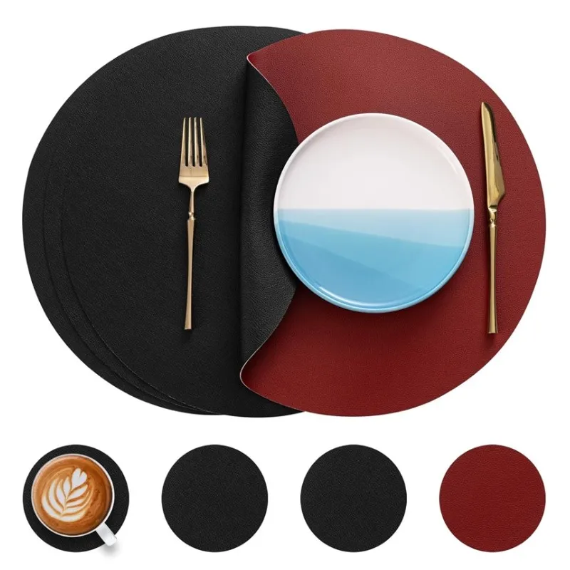 1/4/10 Set Black Round Gift Placemats And Coasters Dual Sided Table Mats Non-Slip Stain Resistant Faux Leather for Table Decor