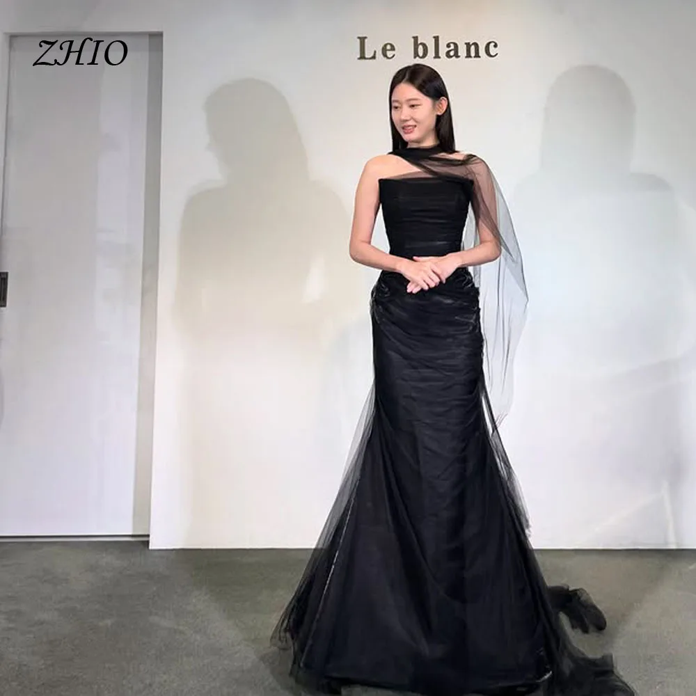 ZHIO Abiti da sposa coreani senza spalline a sirena nera Servizio fotografico personalizzato Sciarpa in tulle con pieghe morbide Lunghezza pavimento Elegante abito da sposa