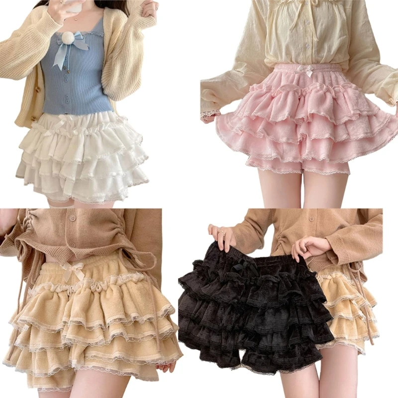 

Womens Layered Ruffle Lace Bloomers Warm Plush Fleece Safety Shorts Japanese Sweet Bowknot Pumpkin Pants Frilly Knickers