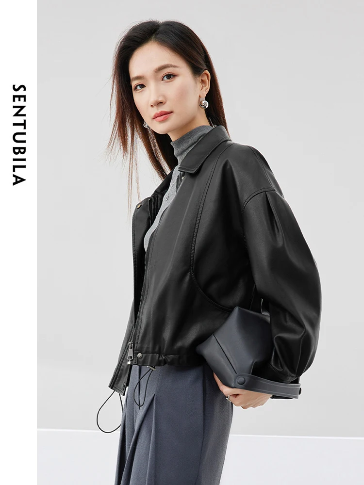 SENTUBILA Pu Leather Cropped Bomber Jacket Women Female Short Outerwear 2024 Spring Coffee Lapel Full-zip Solid Jackets W41G527