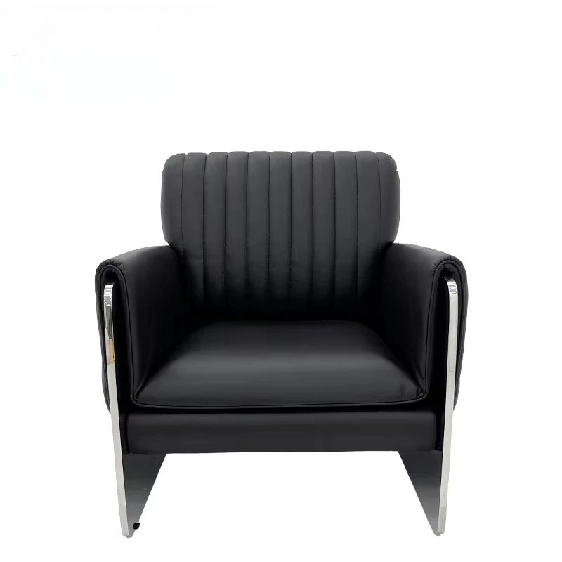 Lounge chair with modern stainless steel frame and black microfiber leather, acrylic decoration for living room, bedroom