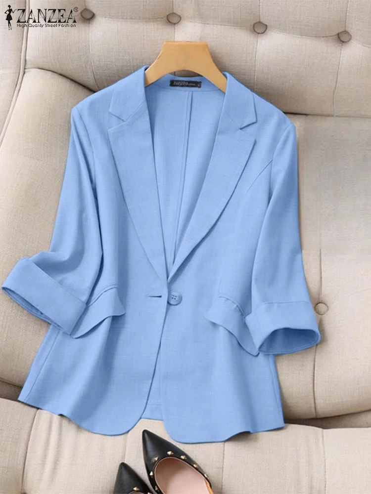 Zanzea Frauen pendeln Arbeit tragen Mantel Revers Kragen Tops Mode Dreiviertel Anzug Büro Dame Single Button einfarbigen Blazer