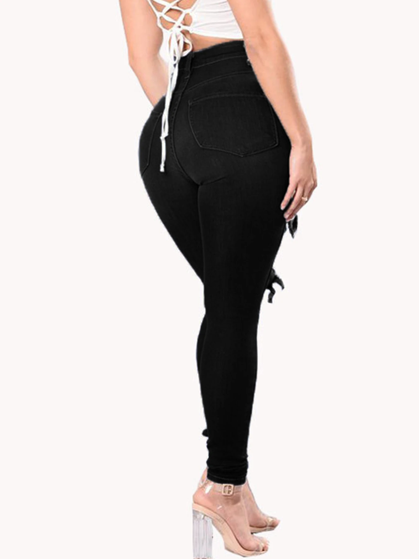 بنطال جينز نسائي عالي الخصر وممزق ومغسول باللون الأسود للكاحل، أنيق عتيق نحيف - سروال رصاص قابل للتمدد