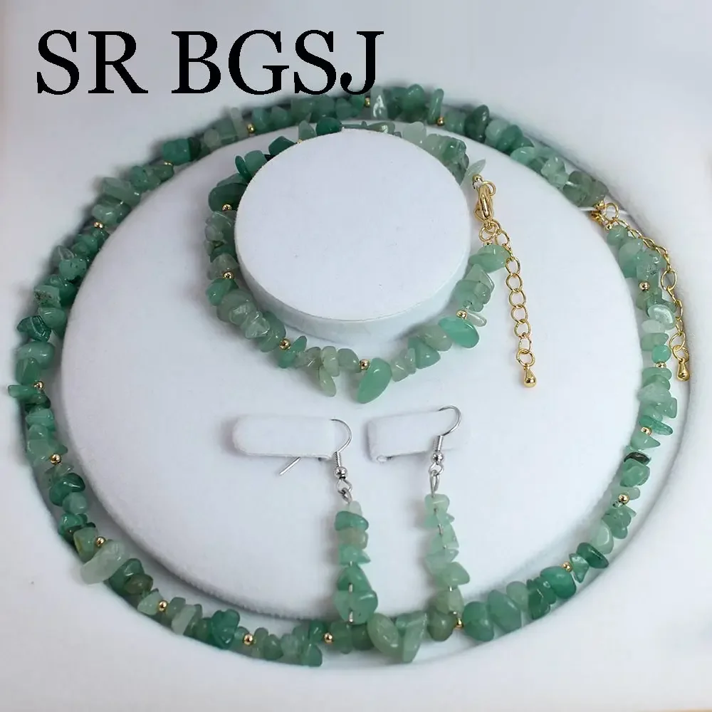 6-8mm Green Aventurine Jades Natural Gems Stone Women Chockers Necklace Bracelet Earrings Set 17.5