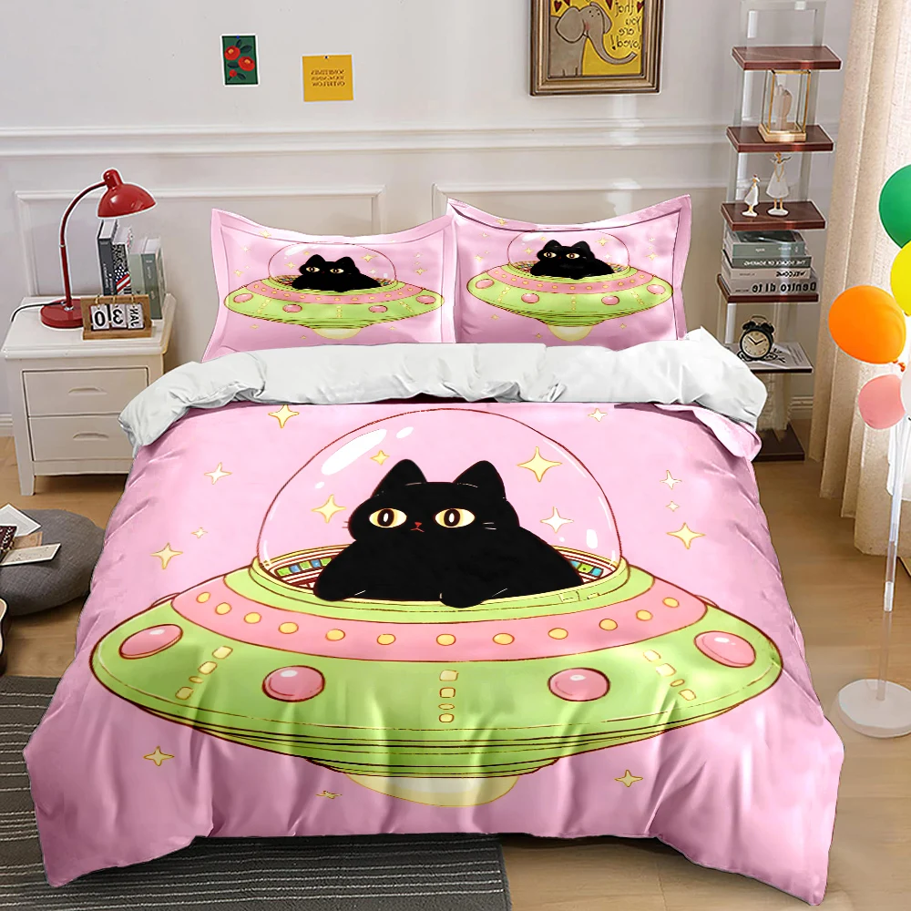 Black cat in spaceship pink background Duvet Cover Set Digital Print Colorful Polyester Bedding with Zipper Closur for kids gift