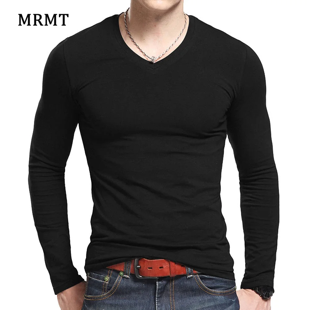 Lycra cotton men\'s long sleeve v neck t shirt 2024 MRMT The autumn men T cotton T-shirt slim solid tight t shirt