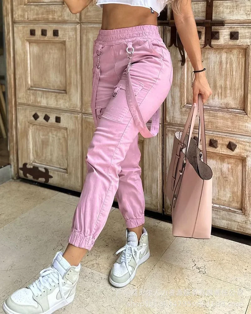 

2023 New Pink Patch Pocket Strap Elastic Casual Pants for Women