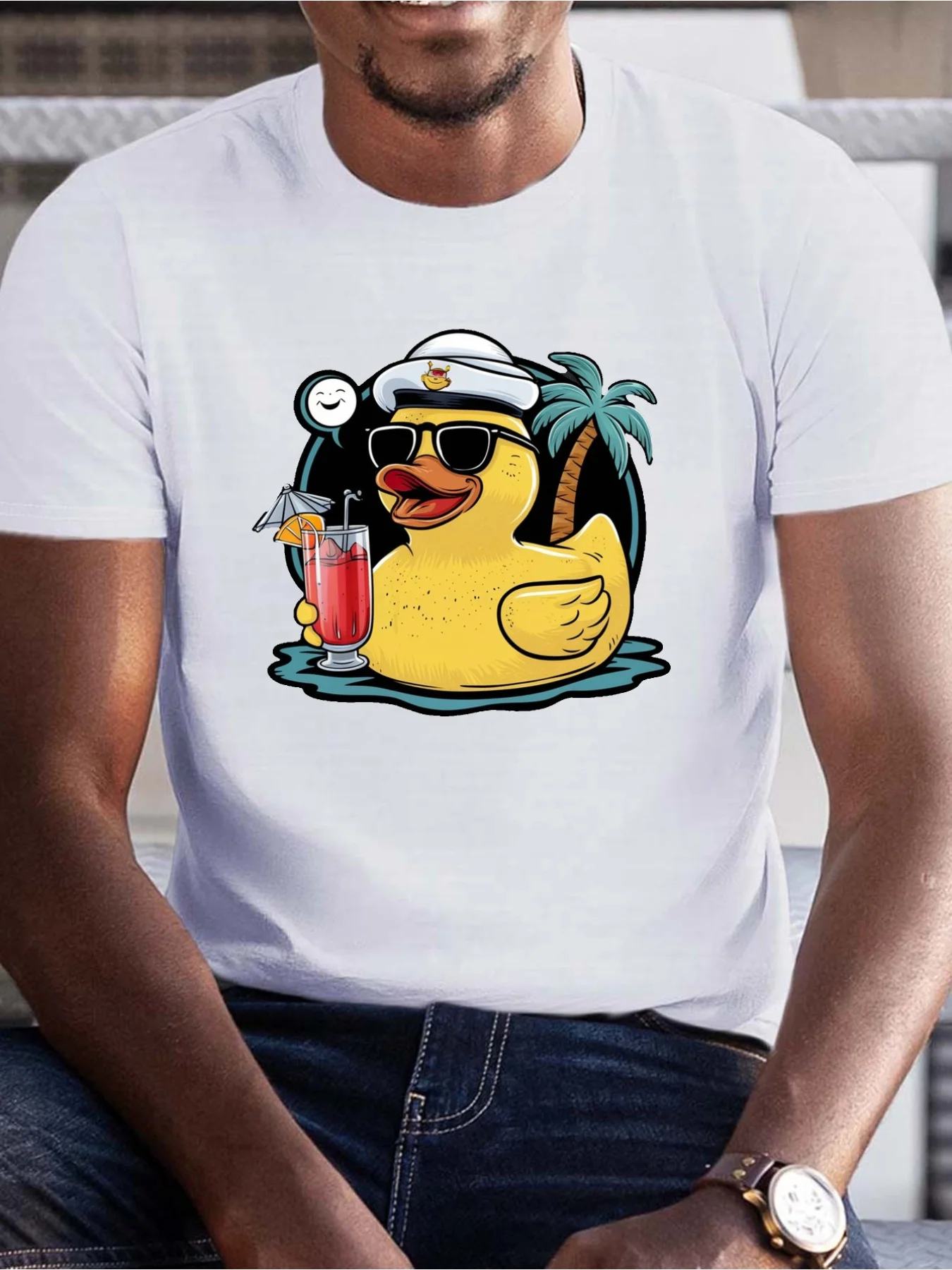 Summer T-Shirt For Larger Men Featuring A Fun Graphic Of A Rubber Duck Wearing Glasses, Perfect For Casual Wear In Everyday Life