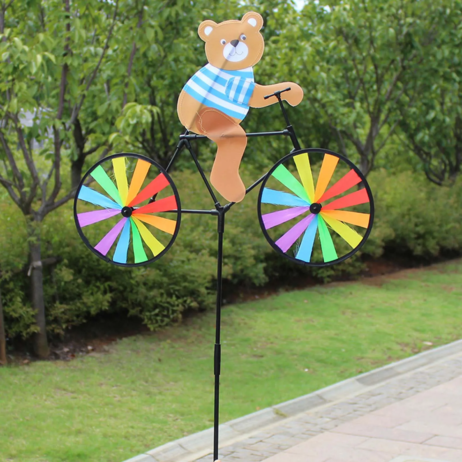 Cute 3D Animal on Bike Windmill Yard Art Whirly Garden Stakes Decorations for Holiday Garden Decoration